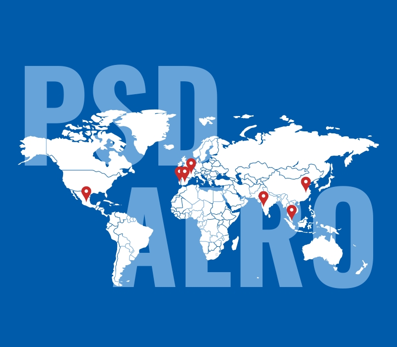 Image des pays du monde entier sur lesquels sont placés les points de localisation de ceux dans lesquels PSD Aero est implanté : Mexique, Portugal, Espagne, France, Inde, Malaisie et Chine.