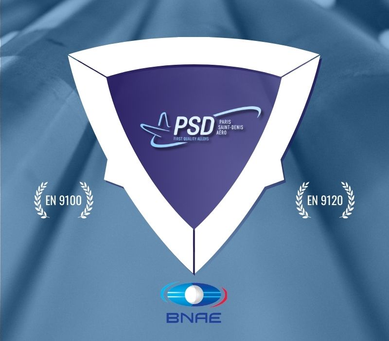 Image représentant les certifications qualité des produits métallurgiques de PSD Aero : EN 9100 et EN 9120, ainsi que le logo du BNAE dont PSD et membre